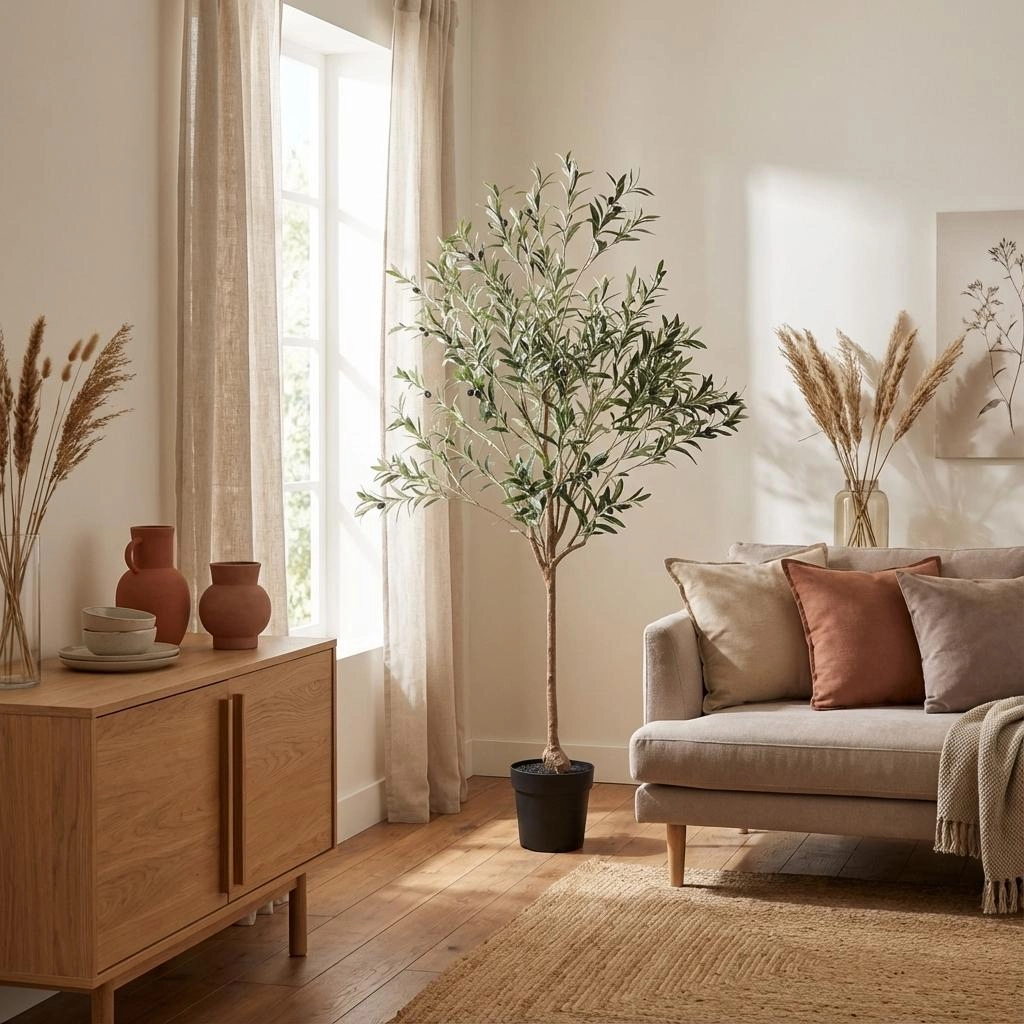 Künstlicher Olivenbaum in einem stilvollen Raum