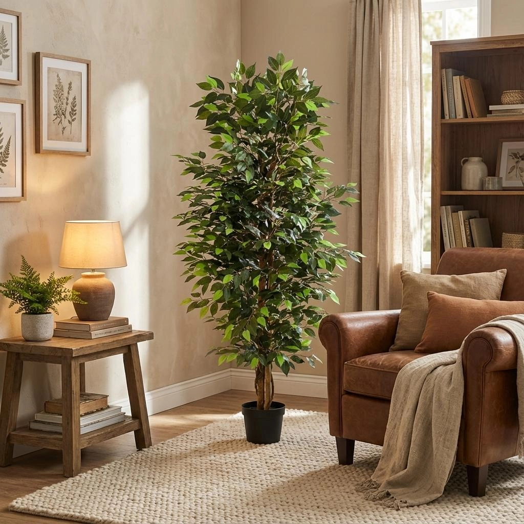 Künstlicher Ficus Benjamina in einem modernen Wohnzimmer