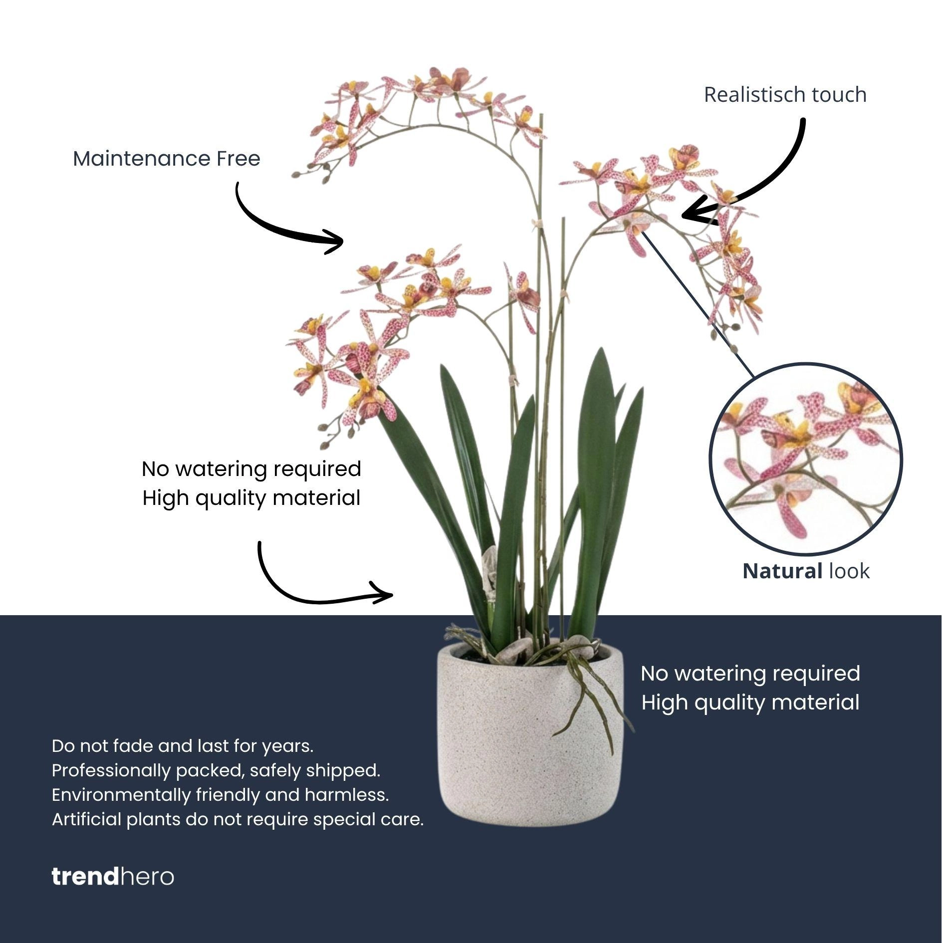 Detailansicht der Blüten und grauer Topf der künstlichen Renanthera Orchidee
