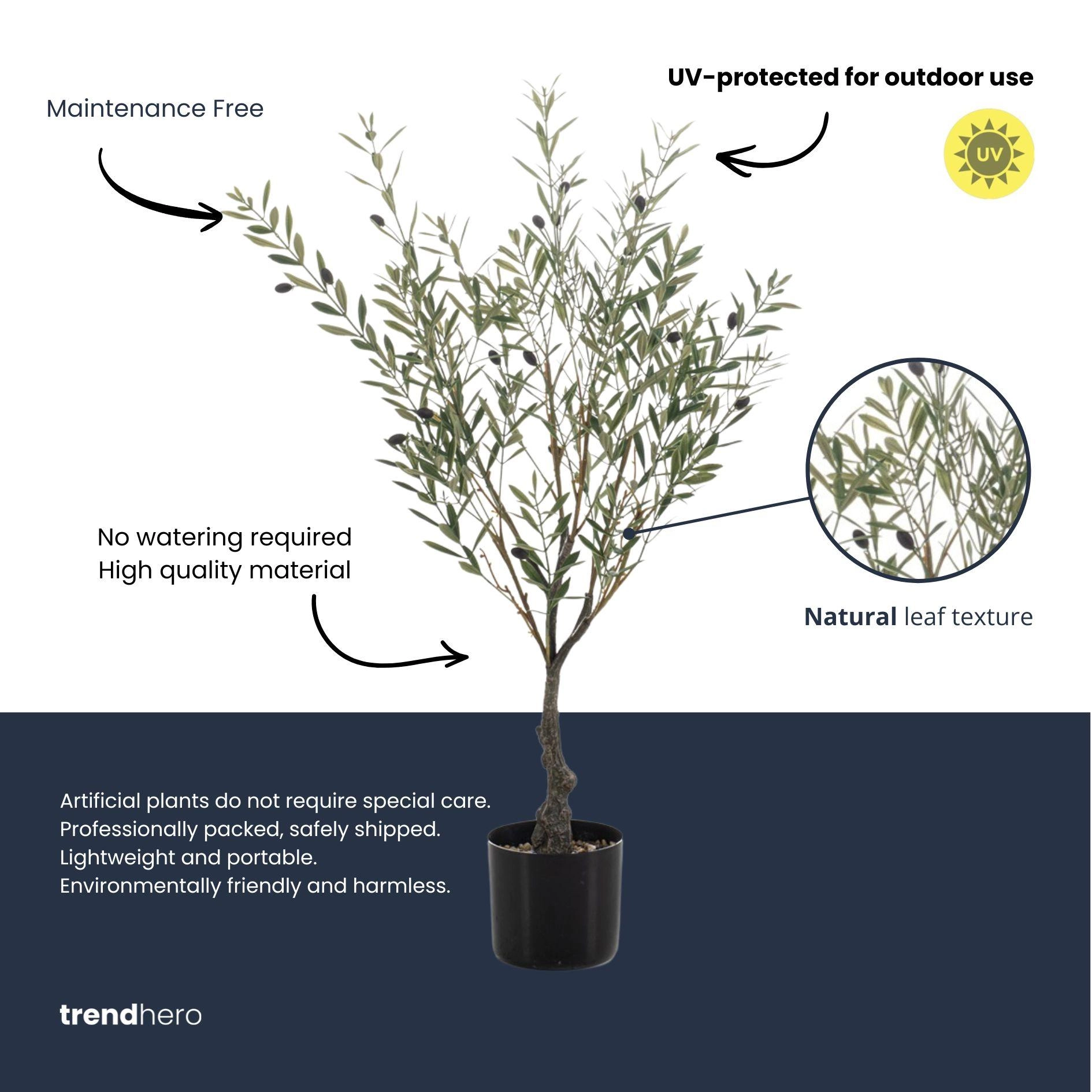 Detailaufnahme: Blätter und realistische Oliven des künstlichen Olivenbaums