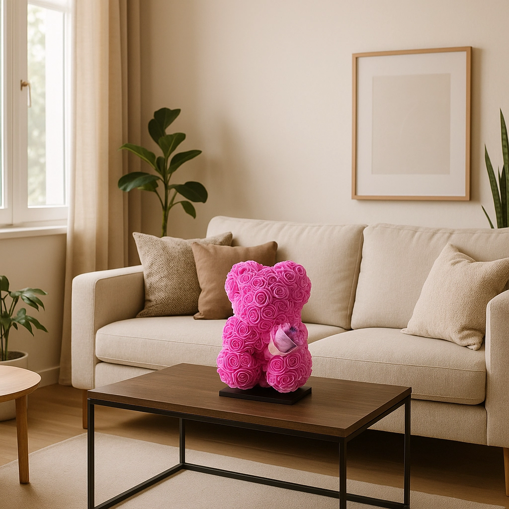 Stylischer Bär mit buntem Blumenstrauß